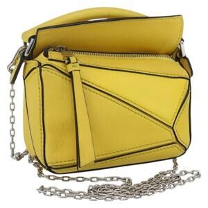 LOEWE Puzzle Chain Shoulder Bag Leather 2way Yellow Auth 157417M